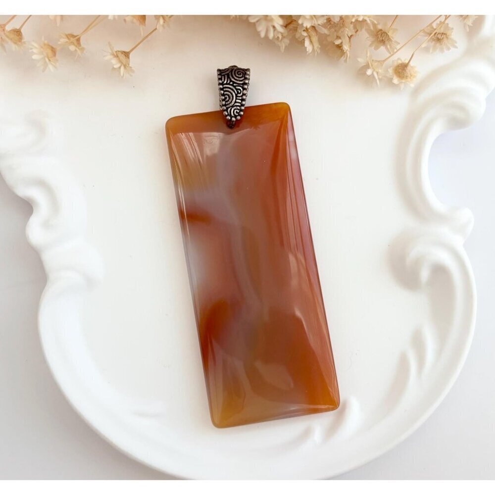 Carnelian Agate Stone Rectangular Geometric Shaped Large Silver Vintage Pendant